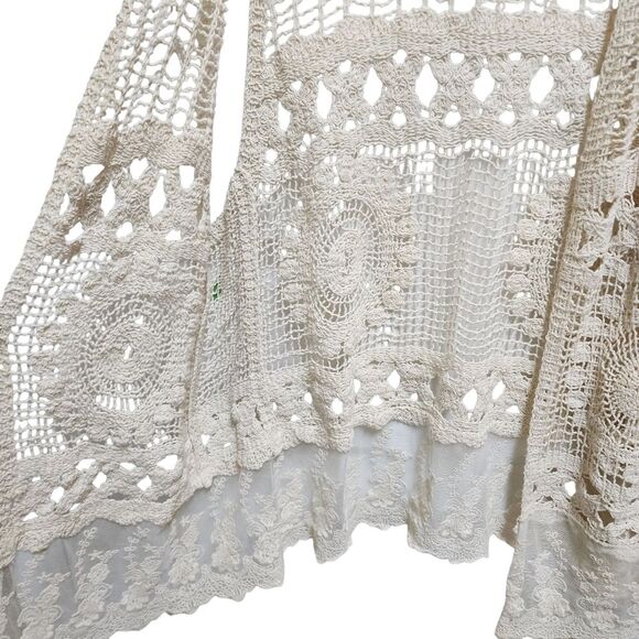 Crochet Vest Womens OS Beige Crochet Lace Hem Sleeveless Open Front Boho Hippie - Picture 8 of 9